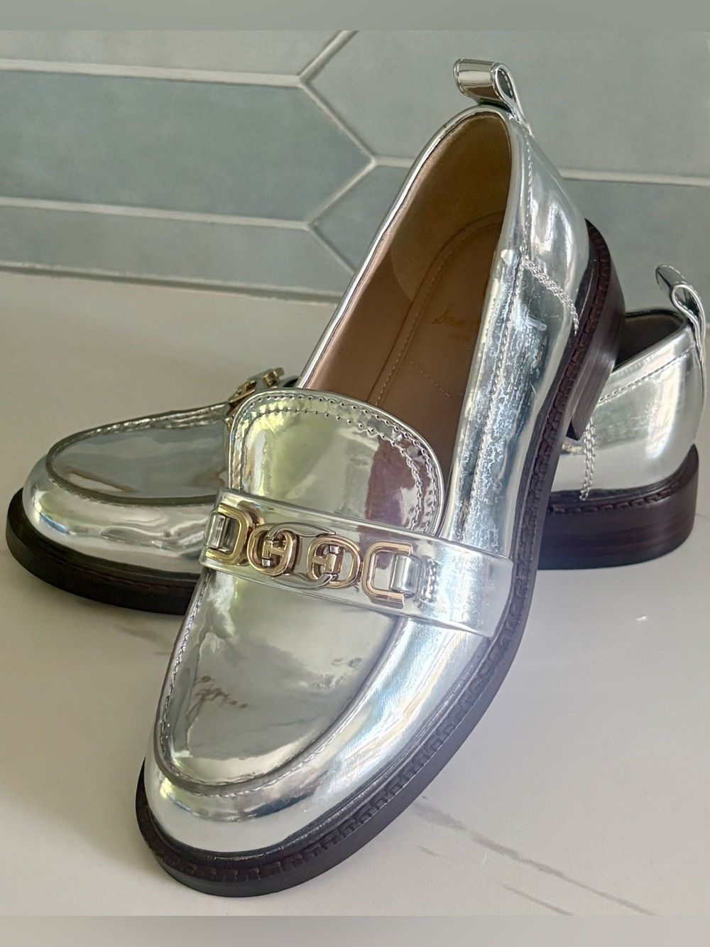 Sam Edelman Christy Metallic Soft Silver Gold Chain Bit Loafer Almond Toe Size 5